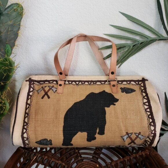 NWOT Western Boho Canvas Leather Large Bag Duffle - Picture 3 of 13